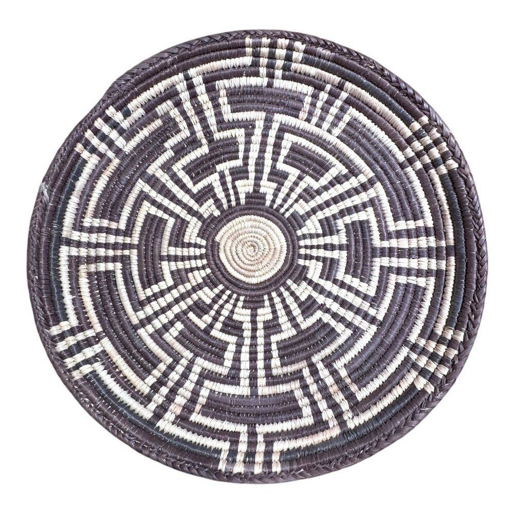 Vintage Handwoven Natural Coil Basket Crosses Maze Tribal Catch All Signed